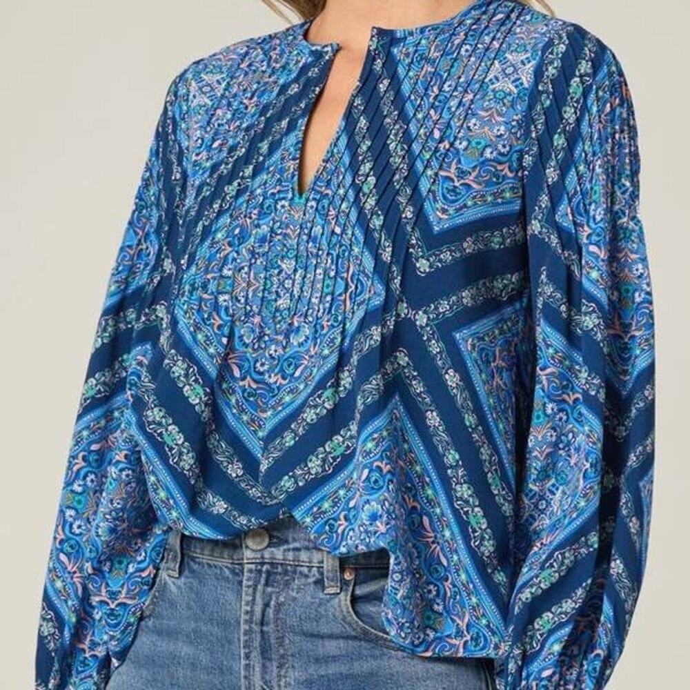 Shoshanna Lara Crepe de Chine Top in "Atlantic Tile Print" Blue Boho Size XS - Picture 2 of 11